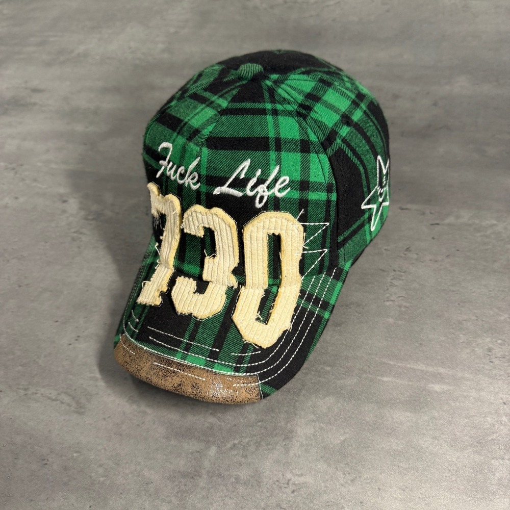 Asspizza Austin Babbitt Hat Green Black Plaid 730 F**k Life Distress Trucker Cap